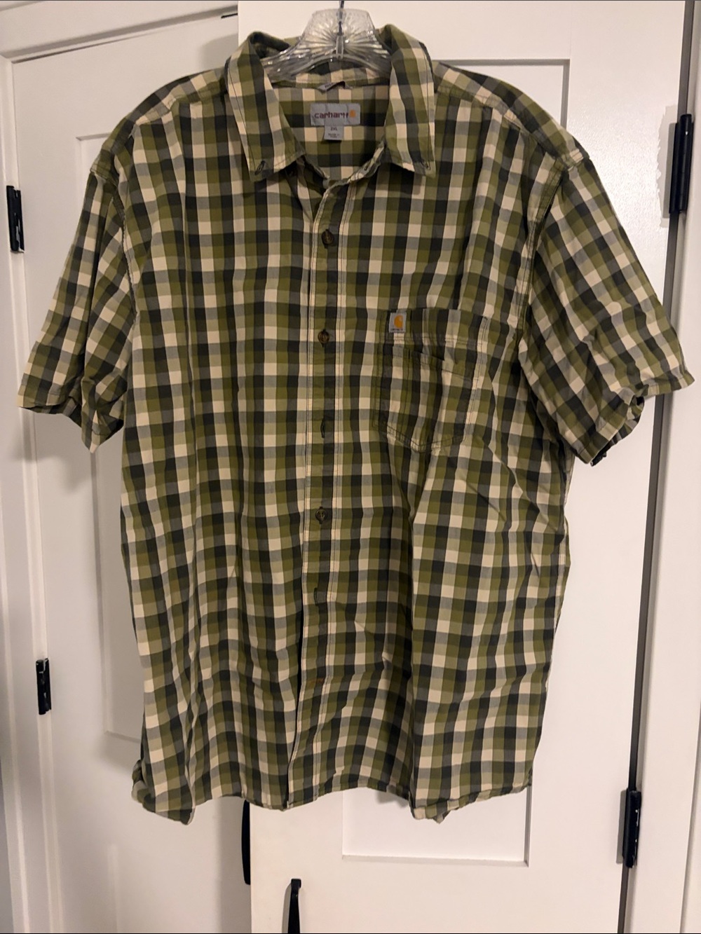 Carhartt Olive, Cream & Dark Green Plaid Short-Sleeve Button-Down Shirt
